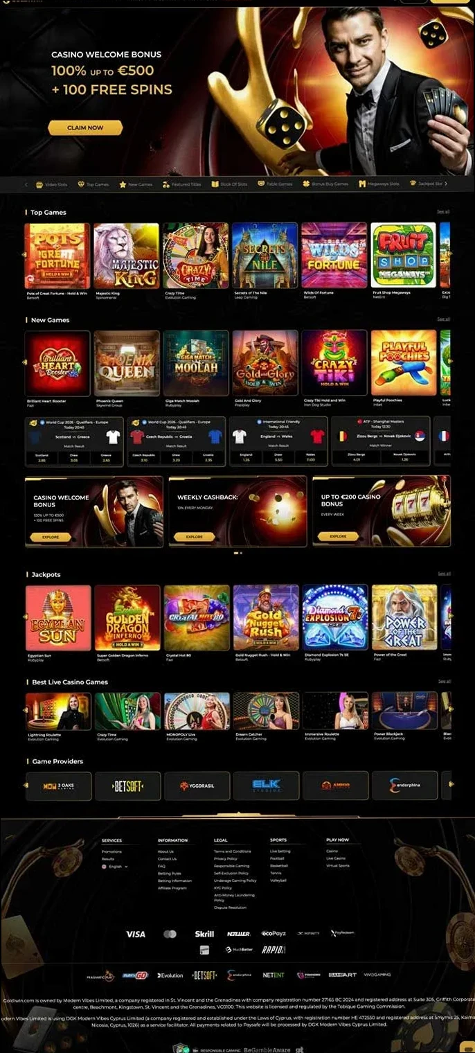 GoldiWin Casino, screenshot af hjemmesiden