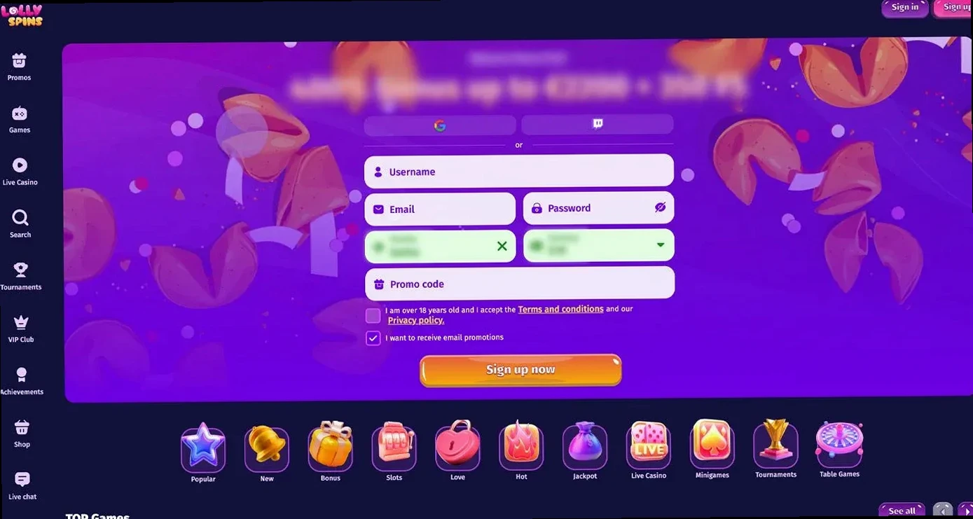 Lolly Spins Casino, screenshot af hjemmesiden