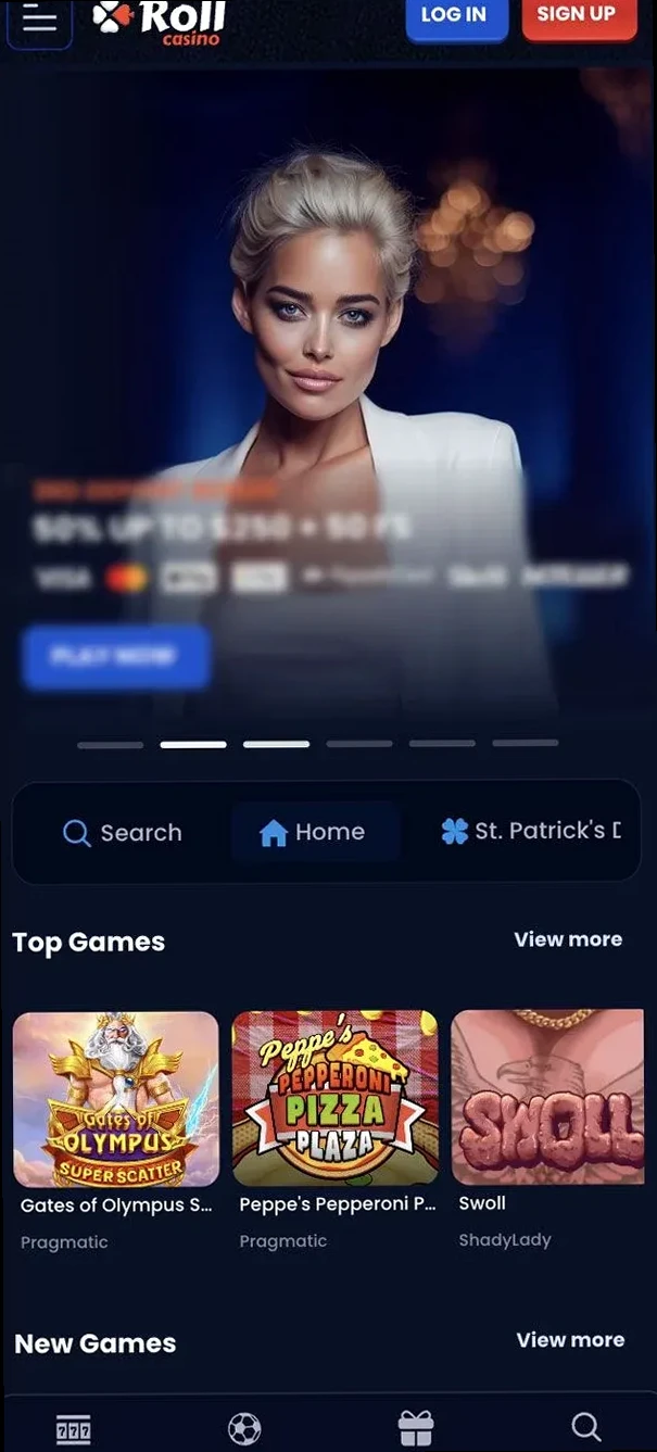 RollCasino på mobil med navigation og spil