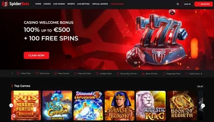 SpiderBets Casino, screenshot af hjemmesiden