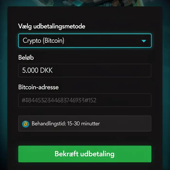 Udbetalingsformular med Bitcoin og 5.000 DKK på udenlandsk casino