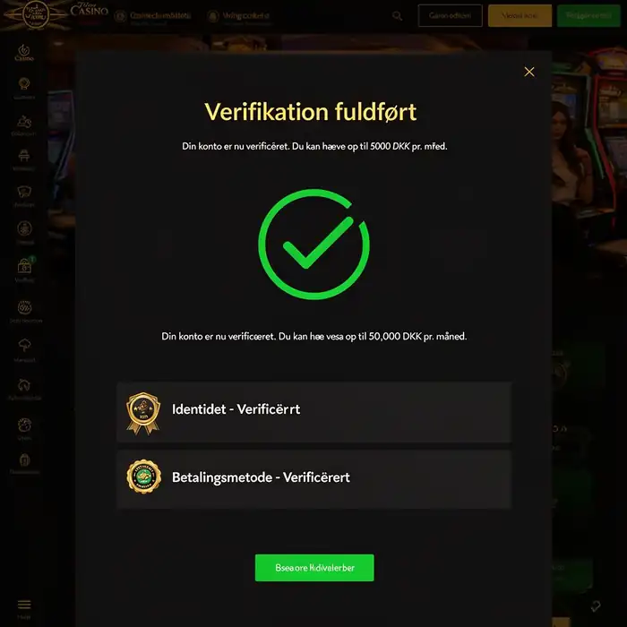 KYC godkendt, hævegrænse sat til 50.000 DKK pr. måned